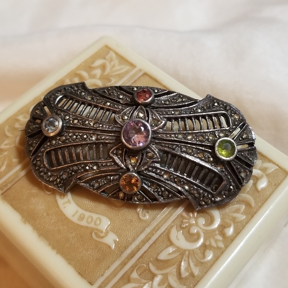 1930s Deco Sterling Filigree Gemmed Brooch - Picture 2 of 6